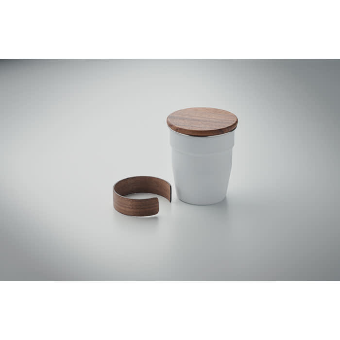 A drink bottle in white ceramic with a wooden lid and a wooden grip band, set against a neutral background.