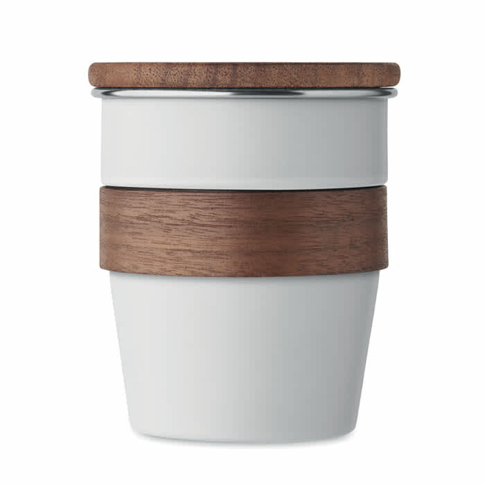 A drink bottle featuring a white body, wooden band, and wooden lid, designed with a contemporary style.