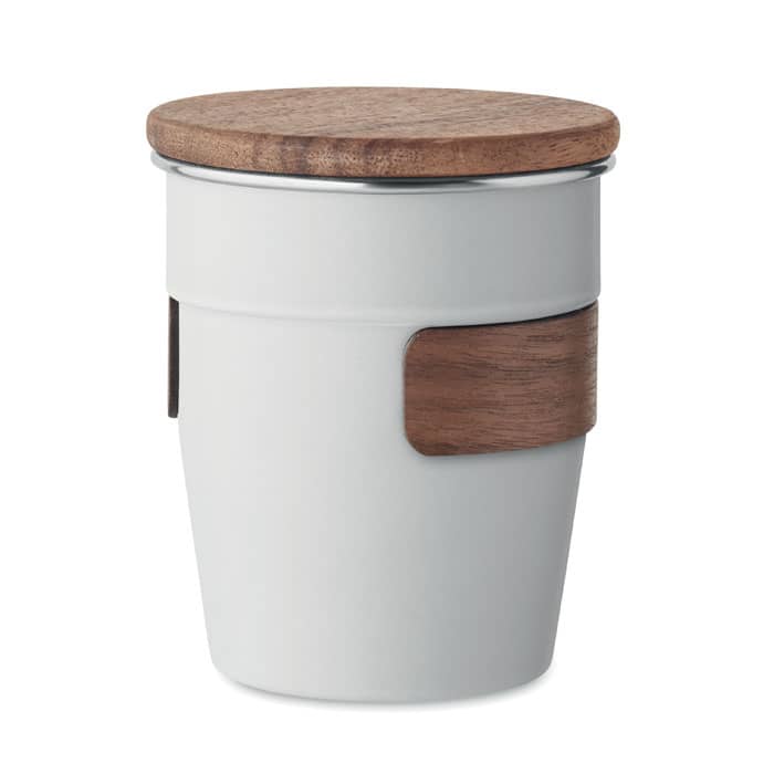 A drink bottle with a white body, wooden lid, and a wooden handle. It features a sleek design and a logo.