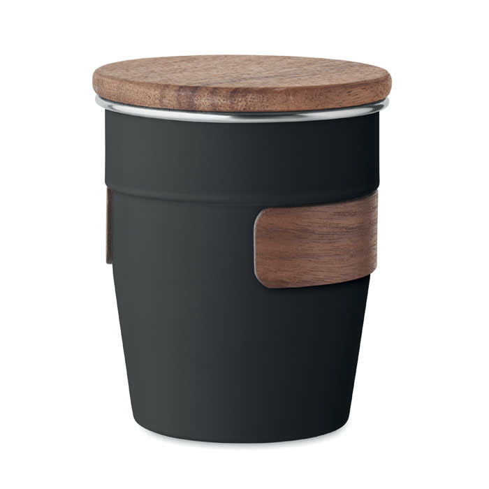 A drink bottle with a matte black finish and a wooden lid, featuring a wooden handle. It has a sleek design.