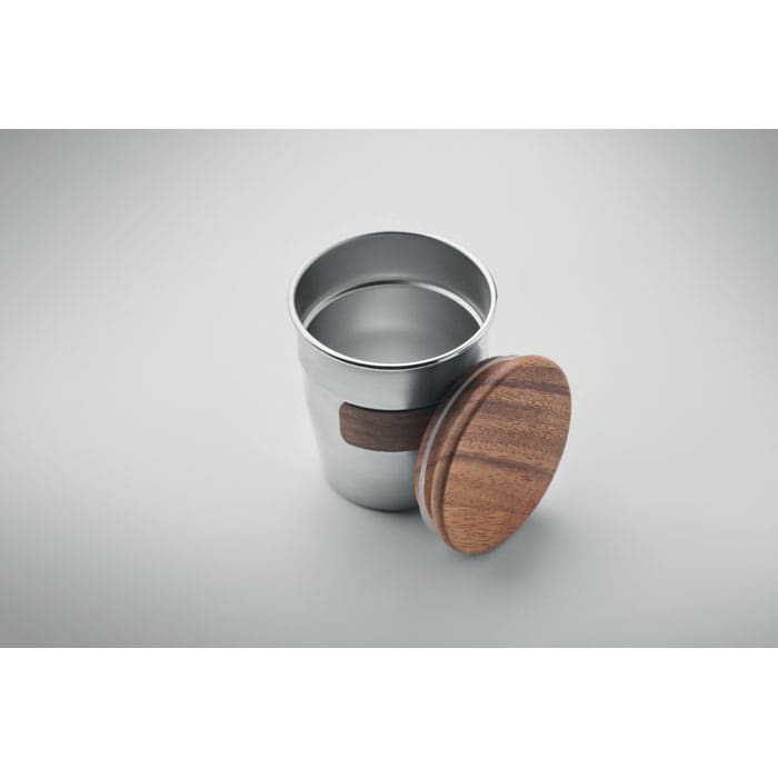 A drink bottle made of stainless steel with a wooden lid. It features a sleek, modern design.