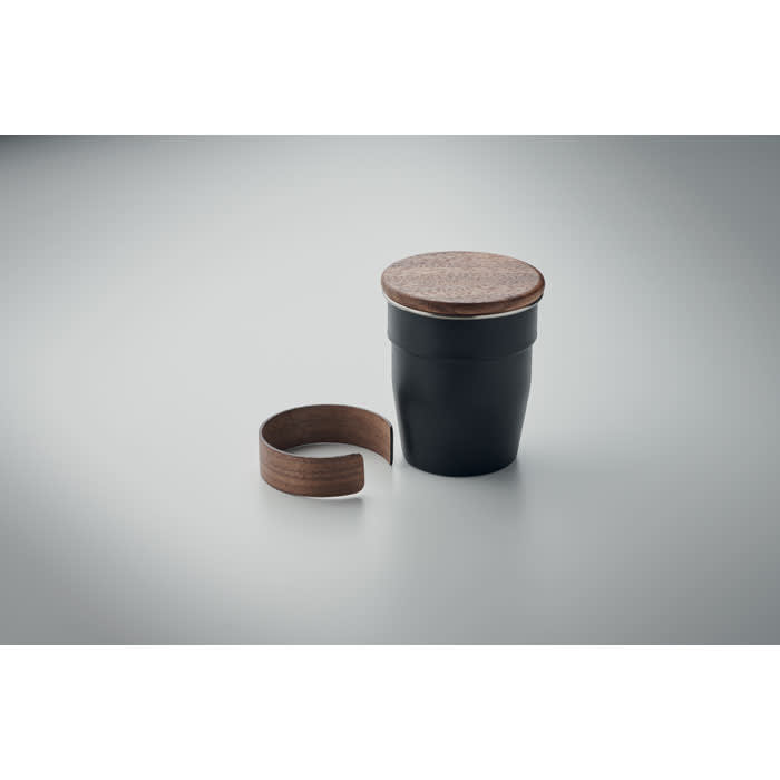 A drink bottle in black with a wooden lid and a detachable wooden sleeve. It has a sleek, modern design.