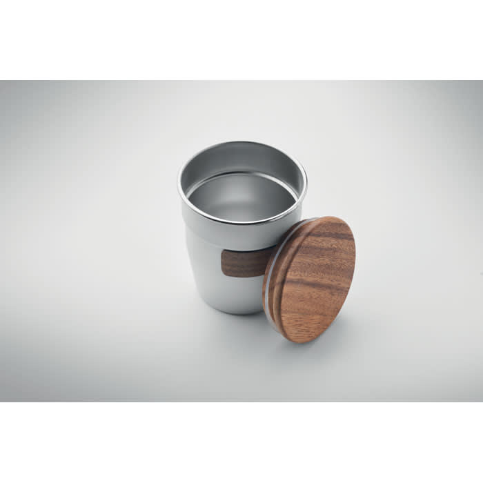 A drink bottle with a stainless steel body and a wooden lid, featuring a sleek and modern design.