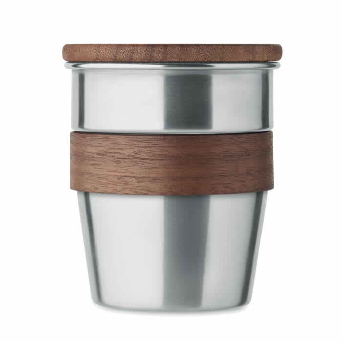 A drink bottle with a stainless steel body, wooden band, and a wooden lid. Features a sleek design and modern look.