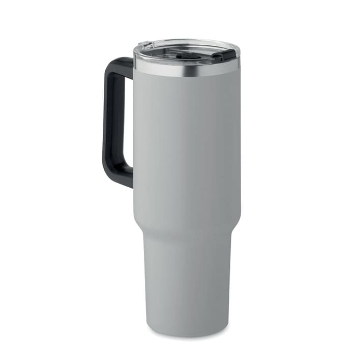 A drink bottle in grey with a black handle and a silver lid, featuring a clear sliding closure.