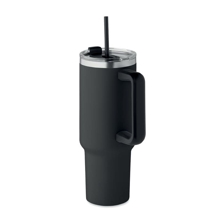 A drink bottle in matte black with a clear lid, straw, and a sturdy handle.