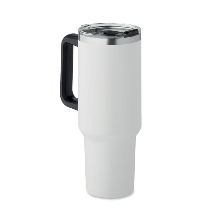 A drink bottle in white with a black handle and a clear lid, featuring a sleek and minimalist design.