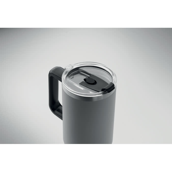 A drink bottle in dark grey with a stainless steel lid and a black handle, featuring a transparent opening.
