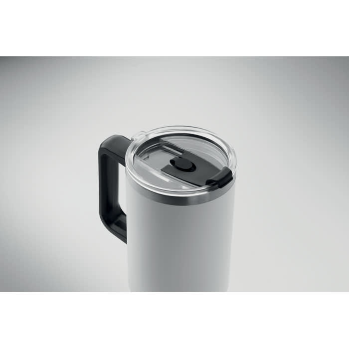A drink bottle in white with a black handle and a clear lid featuring a sliding closure.
