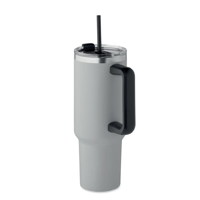 A drink bottle in grey with a black handle and a straw, featuring a clear lid.