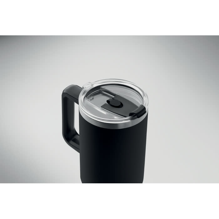 A drink bottle with a matte black finish and a clear, secure lid featuring a sliding opening mechanism.