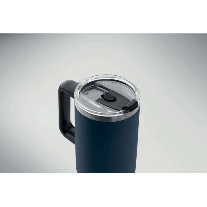 A drink bottle with a dark blue exterior and a clear lid featuring a black sliding opening mechanism.