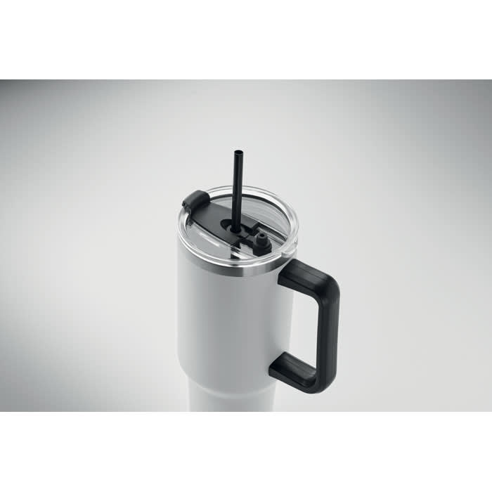 A drink bottle with a white body, black handle, and clear lid featuring a straw. It has a simple, modern design.