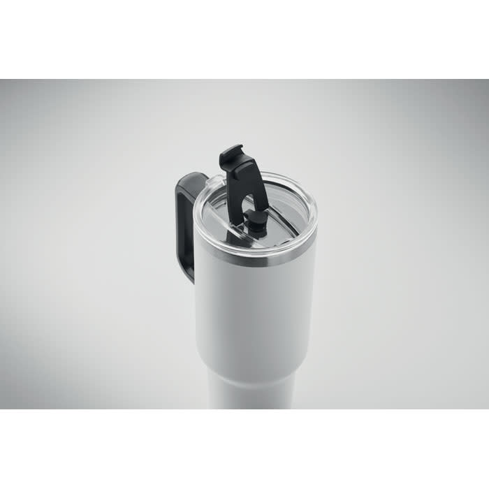 A drink bottle in white with a clear lid and black flip-top opening, featuring a handle and a logo.