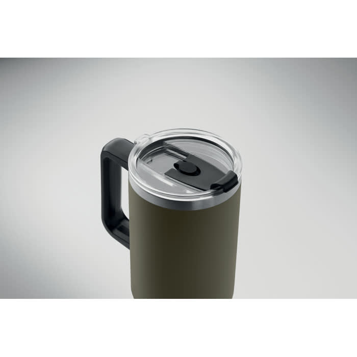 A drink bottle in olive green with a handle and a clear lid featuring a sliding opening mechanism.