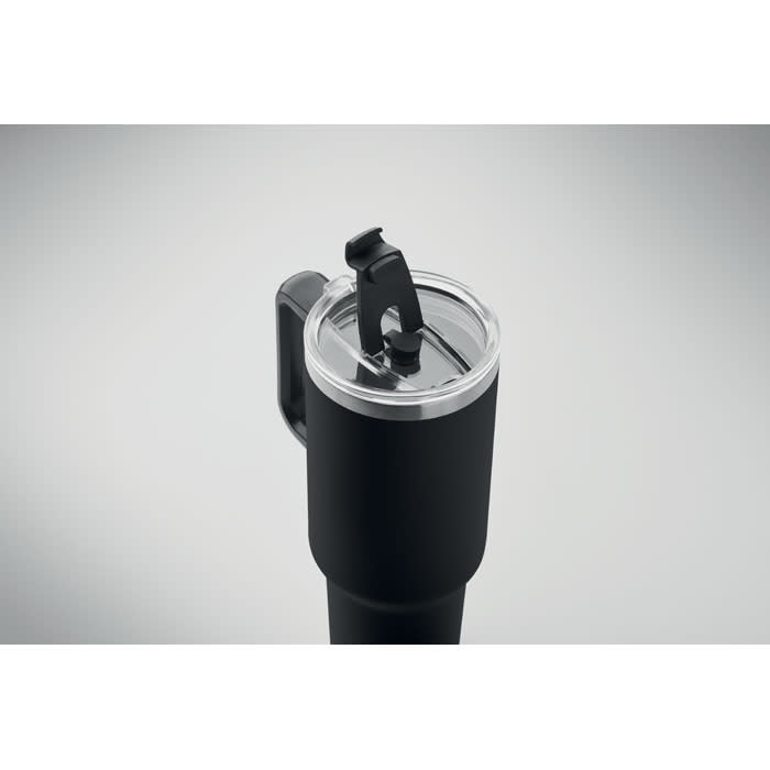 A drink bottle in matte black with a clear lid and a black flip-top opening mechanism. It features a handle and branding.