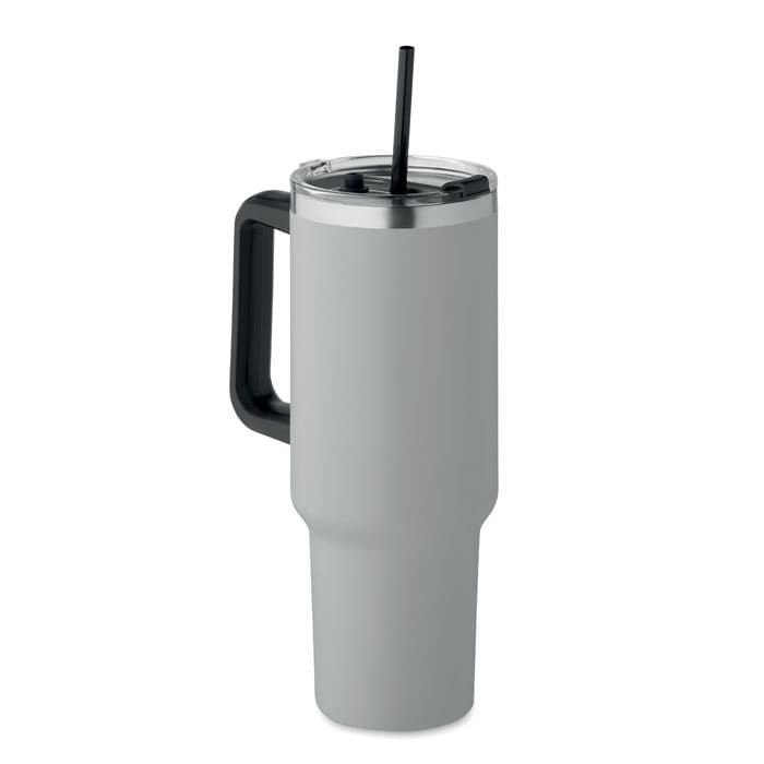 A drink bottle featuring a grey body, black handle, and a straw. It has a sleek, modern design and a lid.