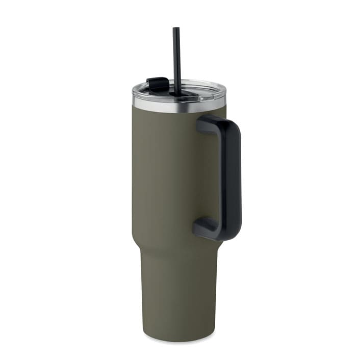 A drink bottle in olive green with a black handle and a clear lid featuring a straw. It has a logo.