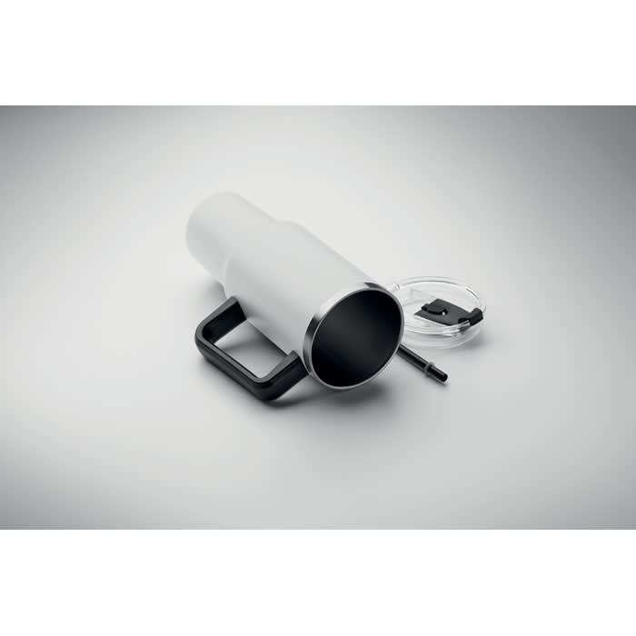 A drink bottle in silver and black with a handle, featuring a removable lid and straw. It has a logo on the side.
