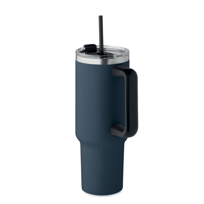 A drink bottle in navy blue with a black handle and a clear lid, featuring a built-in straw.
