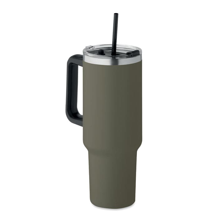 A drink bottle in olive green with a black handle and a black straw, featuring a clear lid.