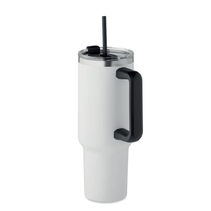 A drink bottle in white with a black handle and a straw, featuring a clear lid.