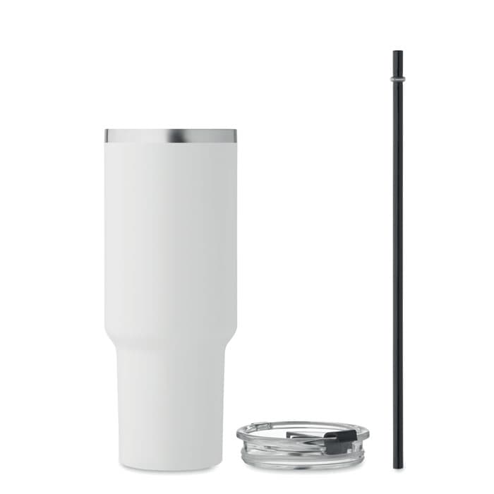 A drink bottle in white with a silver lid and a black straw. It includes a clear lid with a sliding opening.