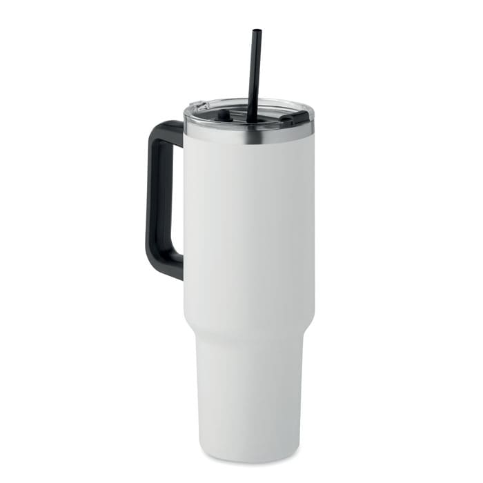 A drink bottle in white with a black handle and straw, featuring a sleek design and a transparent lid.