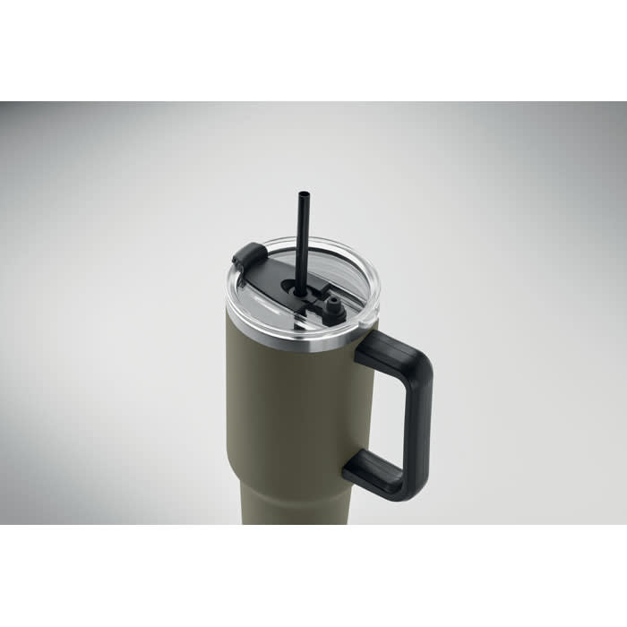 A drink bottle in olive green with a black handle and a clear lid featuring a straw. It has a logo on the side.