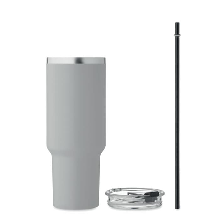 A drink bottle in grey with a silver rim, accompanied by a black straw and a clear lid.