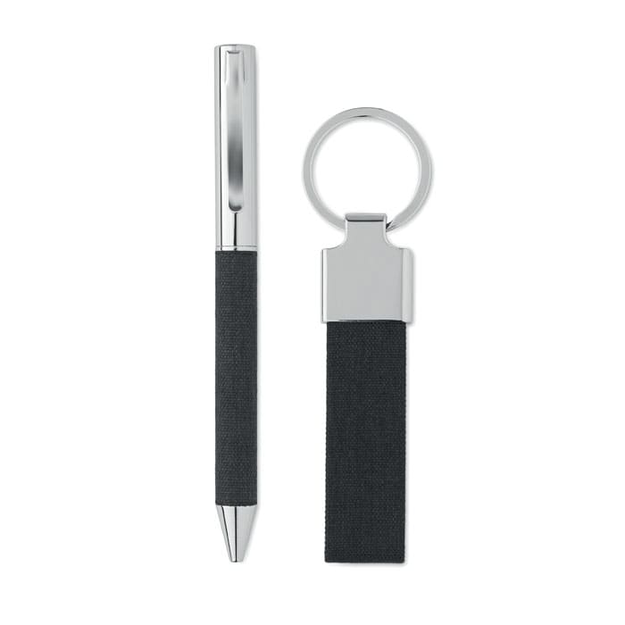 A sleek black pen with a silver clip alongside a matching keyring in black and silver. Both items feature a minimalist design.
