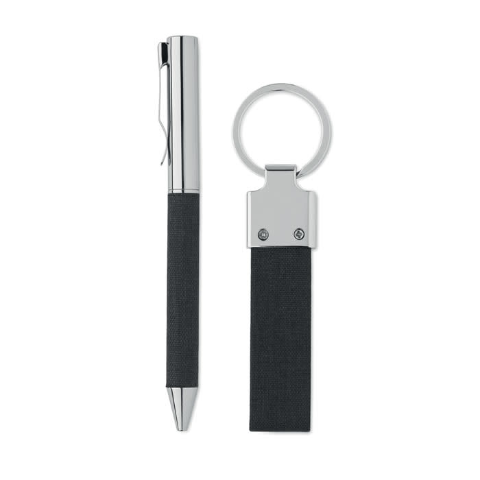 A pen and keyring set featuring a sleek silver pen with a black grip and a matching black keyring.