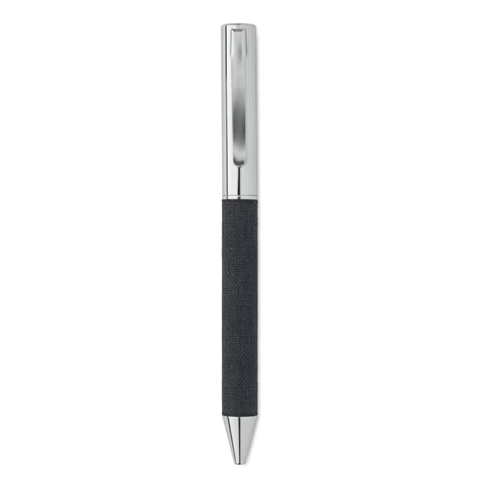 A pen with a sleek silver clip and a textured black grip. It features a shiny silver barrel and a logo.