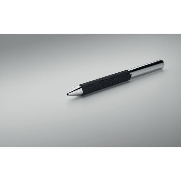 A sleek silver pen with a black grip, featuring a polished metal finish and a pointed tip.
