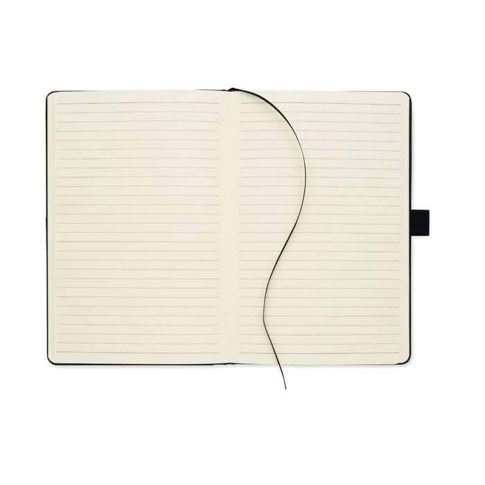 An open notebook with lined pages, featuring a black cover and a black ribbon bookmark.