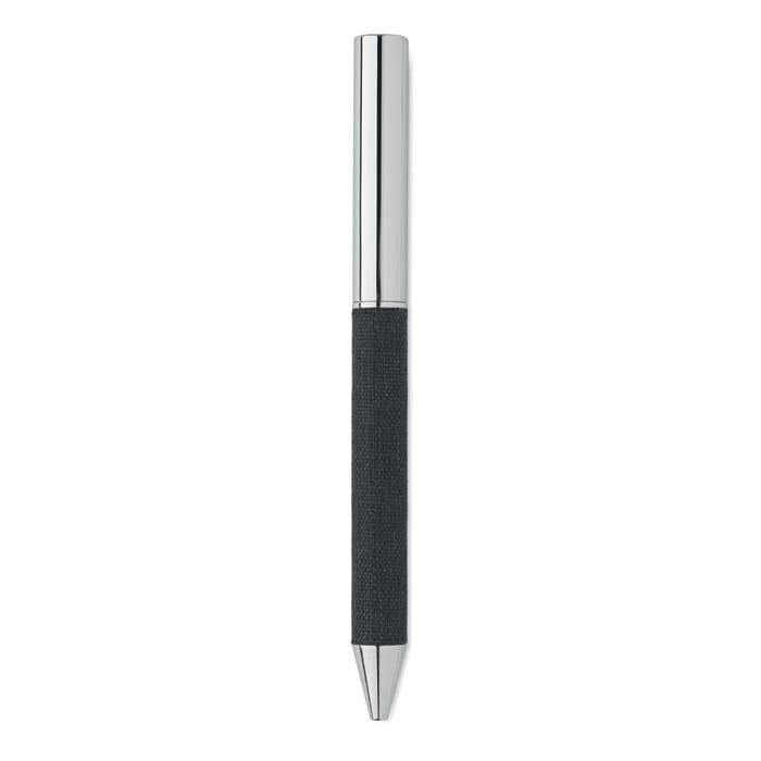 A black pen with a textured grip and a shiny silver clip. The design is sleek and modern.
