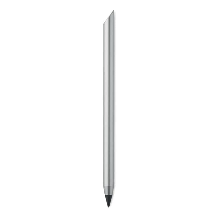 A sleek silver pen with a tapered tip and black writing point. It features a simple design.