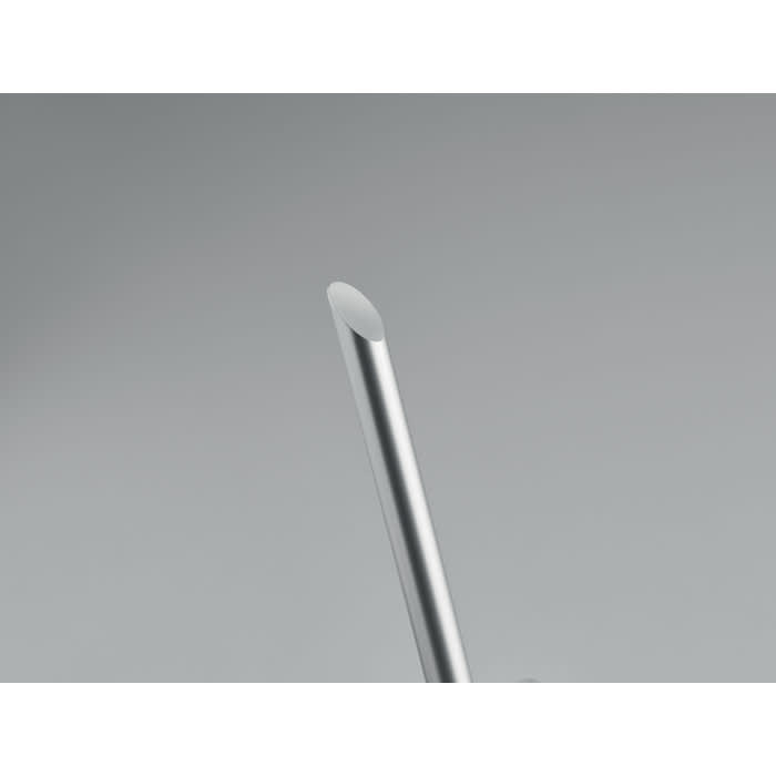 A drink bottle in silver metal with a smooth, curved white top and a glossy finish. Brand logo present.