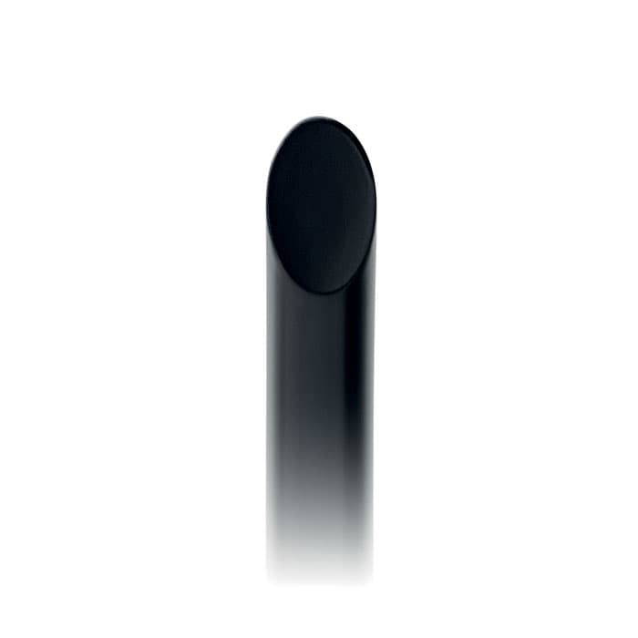 A drink bottle in a sleek, matte black finish with a rounded top and a simple design. It features a logo.