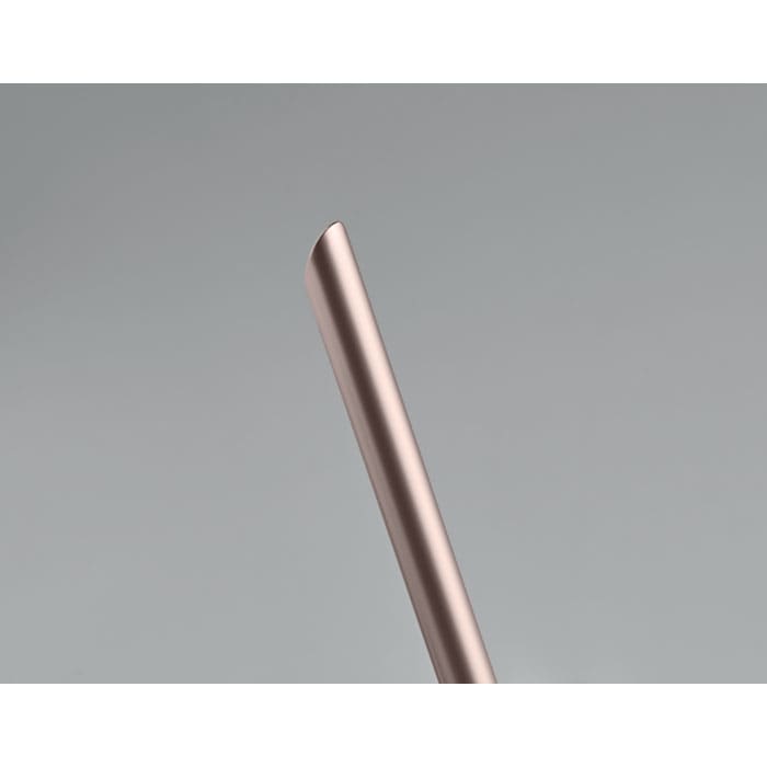 A drink bottle in a sleek, rose gold finish with a smooth, rounded top. It features branding on the body.