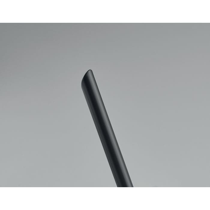 A drink bottle in matte black with a sleek and minimalist design, featuring a rounded top and a logo.