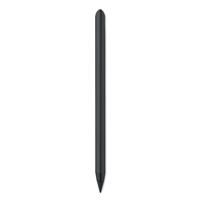 A black stylus with a sleek, elongated design, featuring a pointed tip for precise writing or drawing.