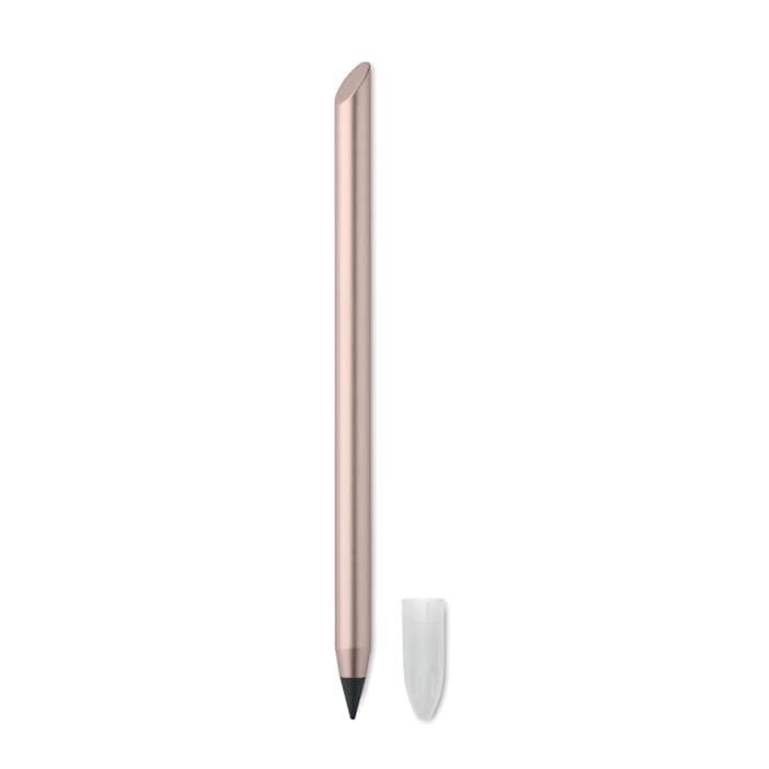 A pencil with a rose gold finish, featuring a sharpened tip and a clear cap beside it.