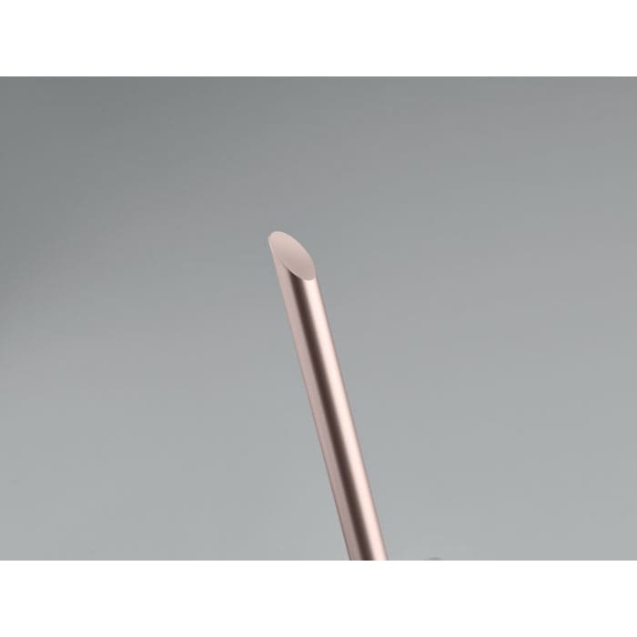 A sleek, metallic drink bottle with a curved nozzle, featuring a minimalist design and a logo.