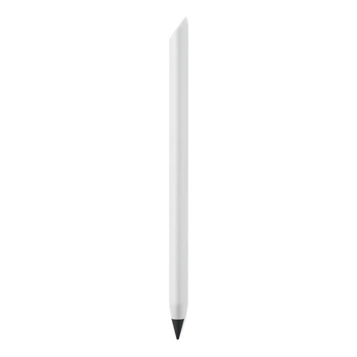 A white pen featuring a black tip, with a sleek and minimalist design. It has a branding logo on its body.