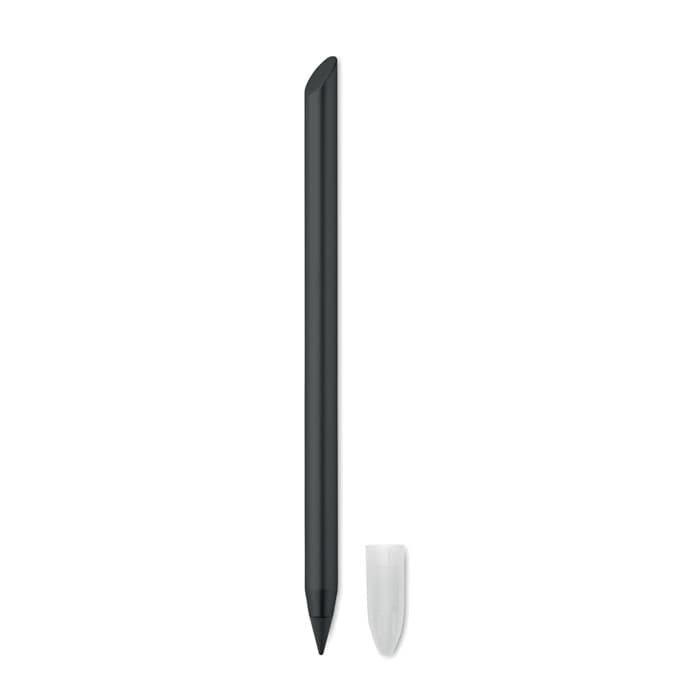 A black pencil with a white cap, resting vertically against a plain background.