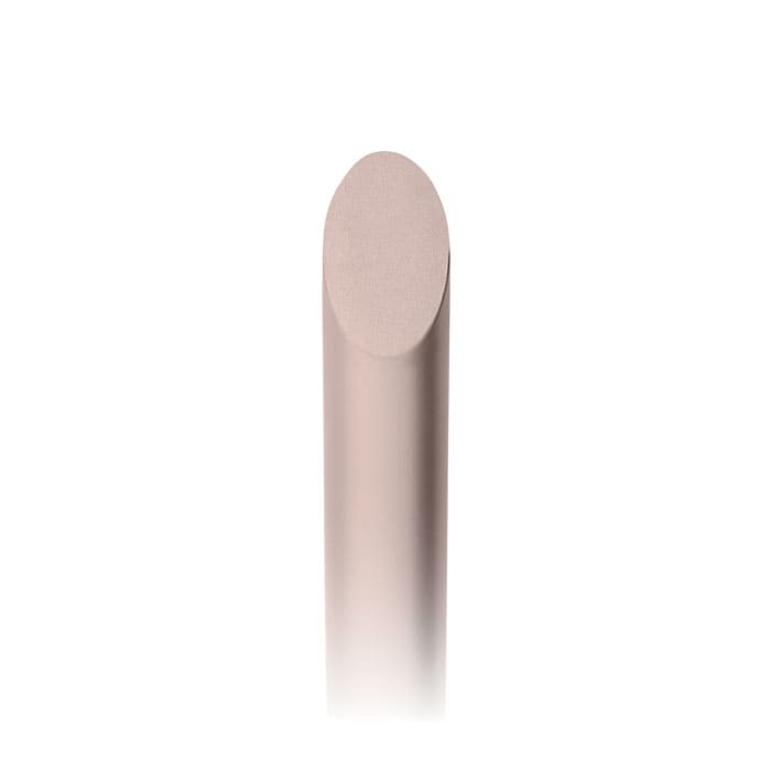 A drink bottle in a sleek, elongated shape, featuring a smooth, light pink finish with a rounded top.