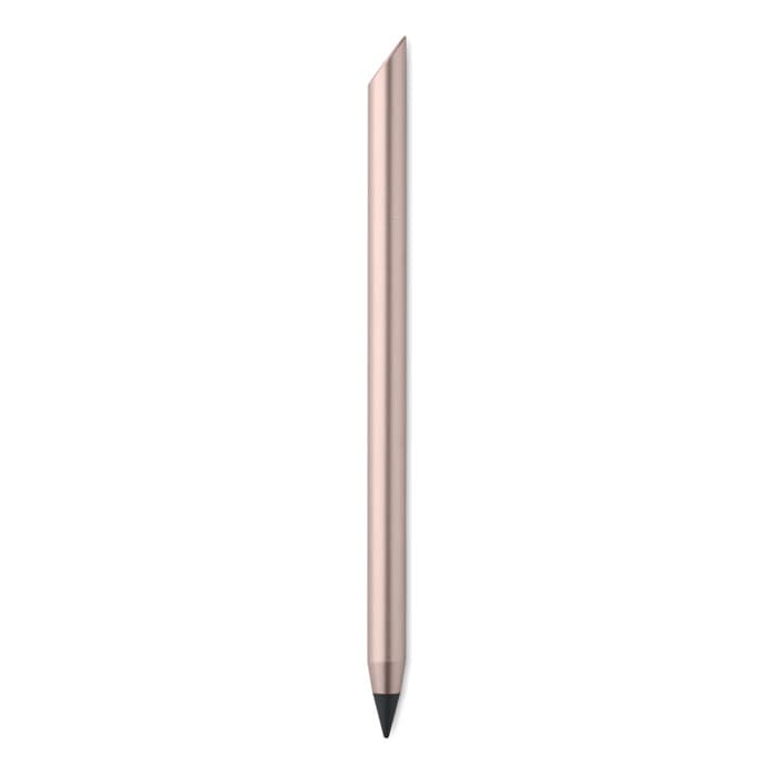 A pencil in a sleek, rose gold finish with a sharp tip, featuring a logo on the side.