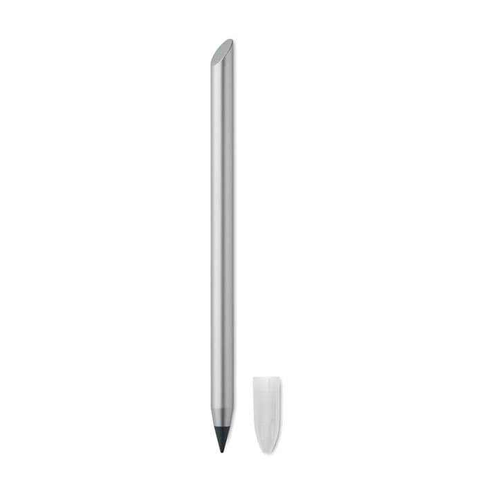 A sleek silver pen with a fine tip and a transparent cap beside it.