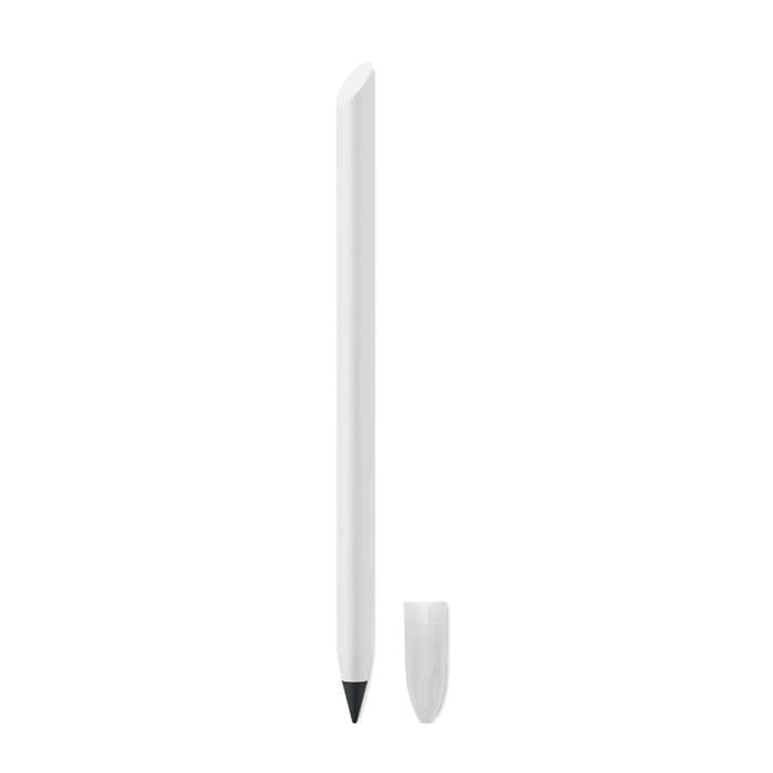 A white pen with a black tip and a removable cap is displayed against a plain background.